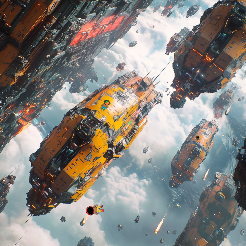 Cosmic Cadet fleet drifting through the clouds